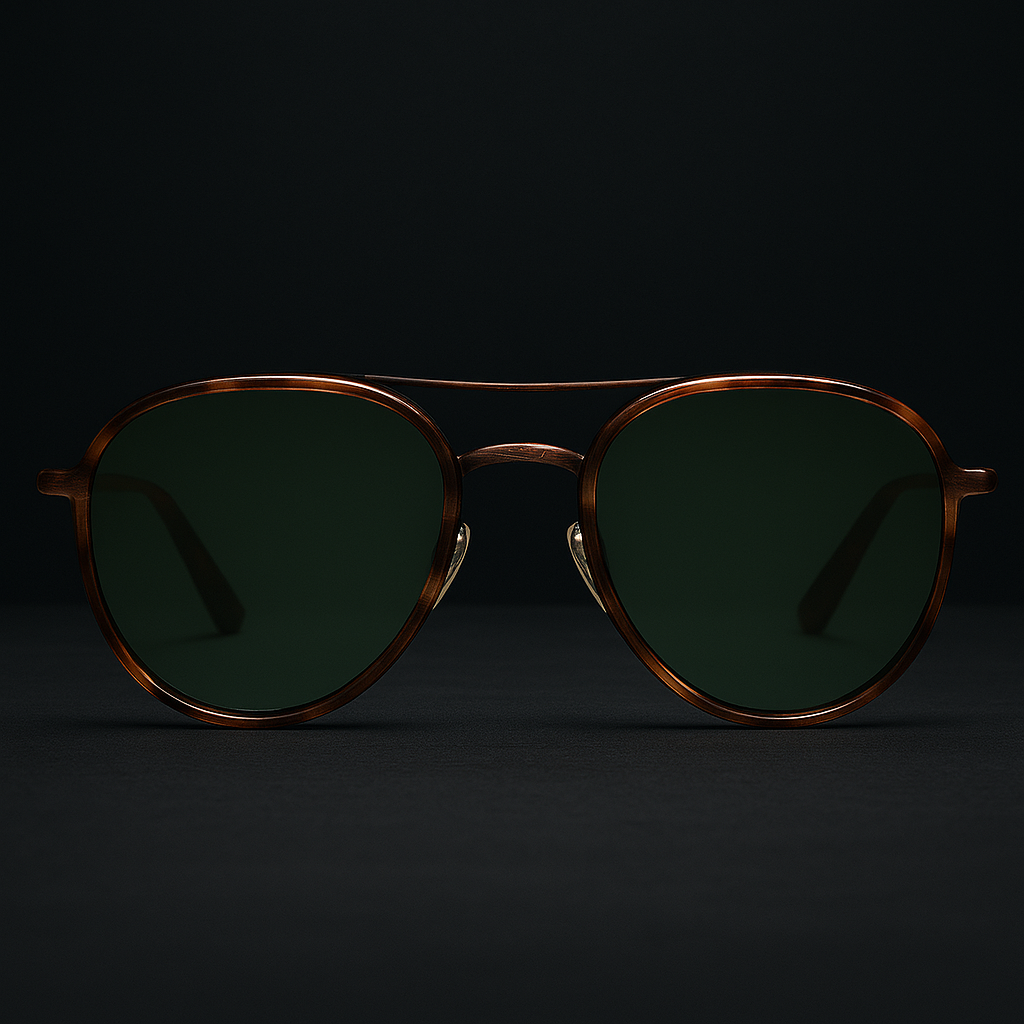 Sunglasses with brown frame and dark lenses on a black background