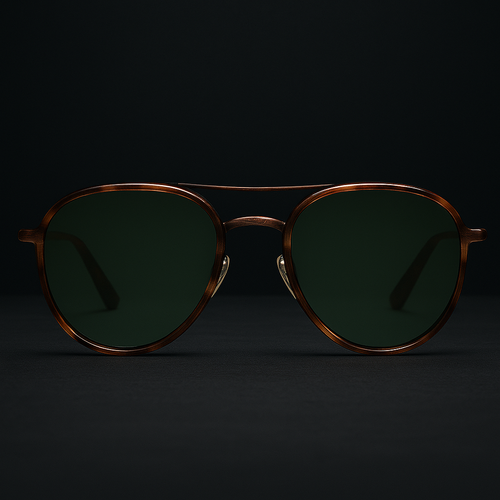 Sunglasses with brown frame and dark lenses on a black background