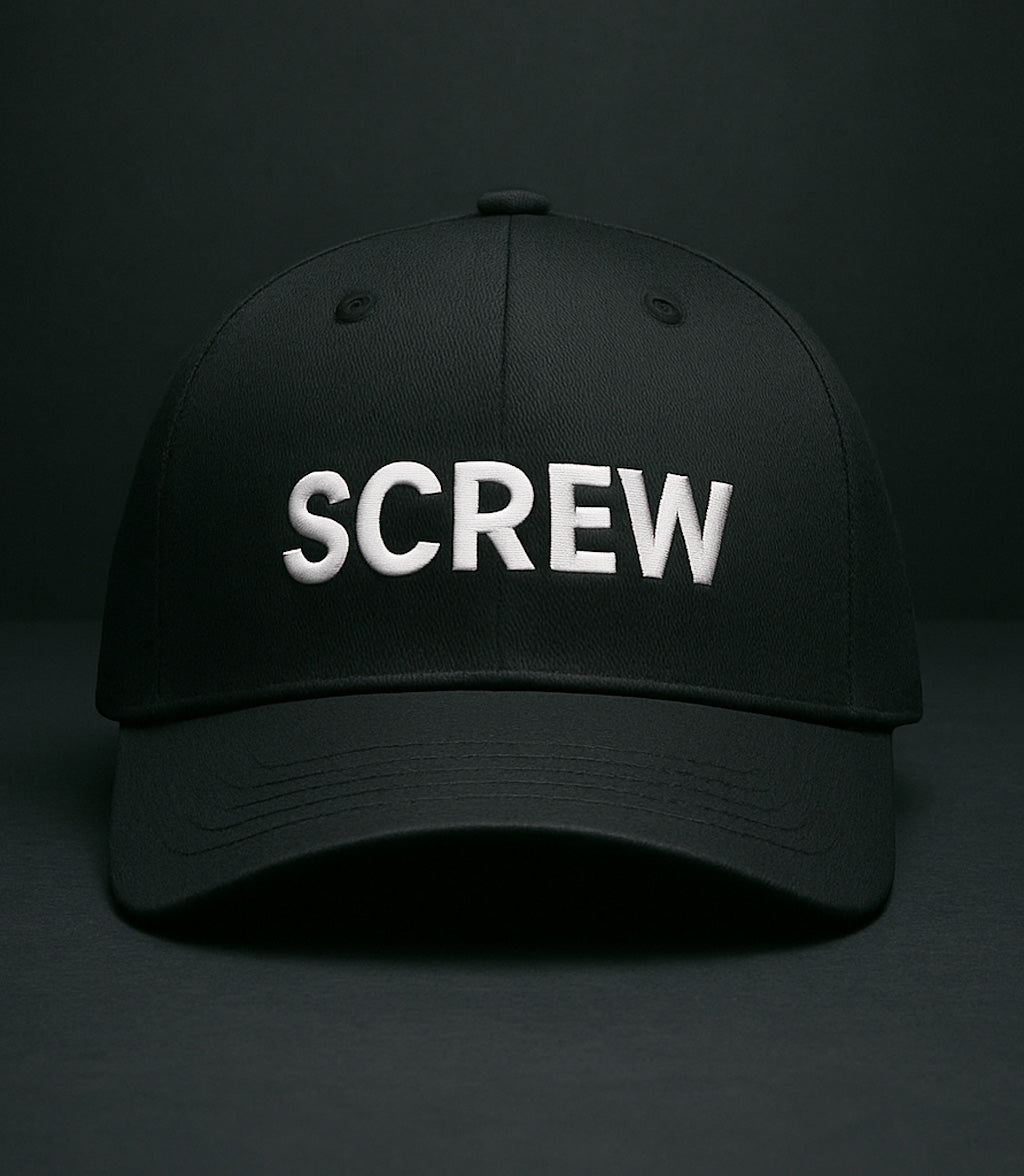 Black cap with 'SCREW' embroidered in white on a black background