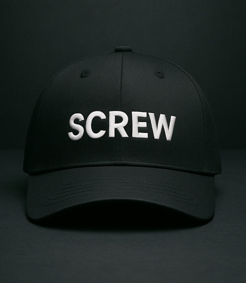 Black cap with 'SCREW' embroidered in white on a black background