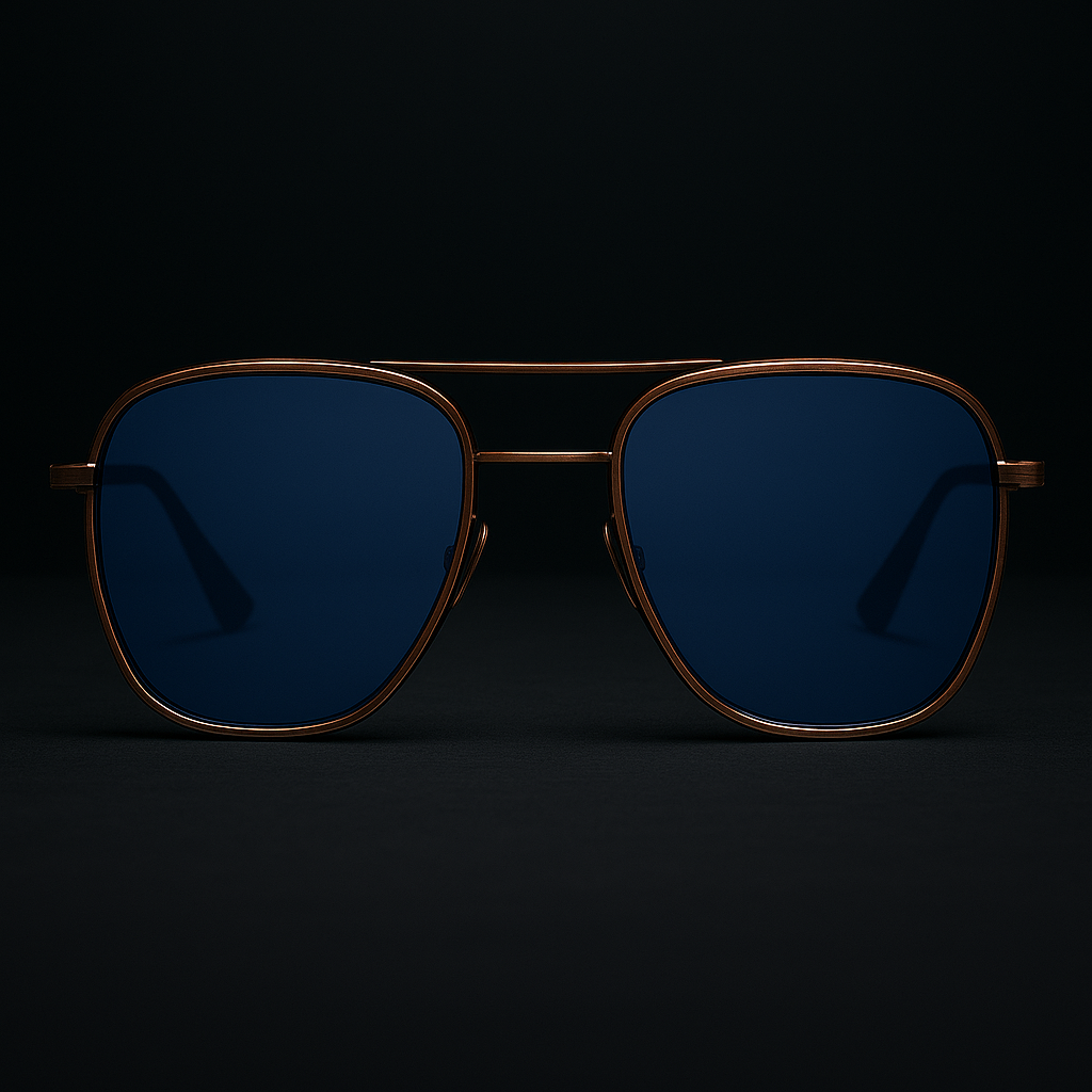 Sunglasses with dark lenses and gold frame on a black background
